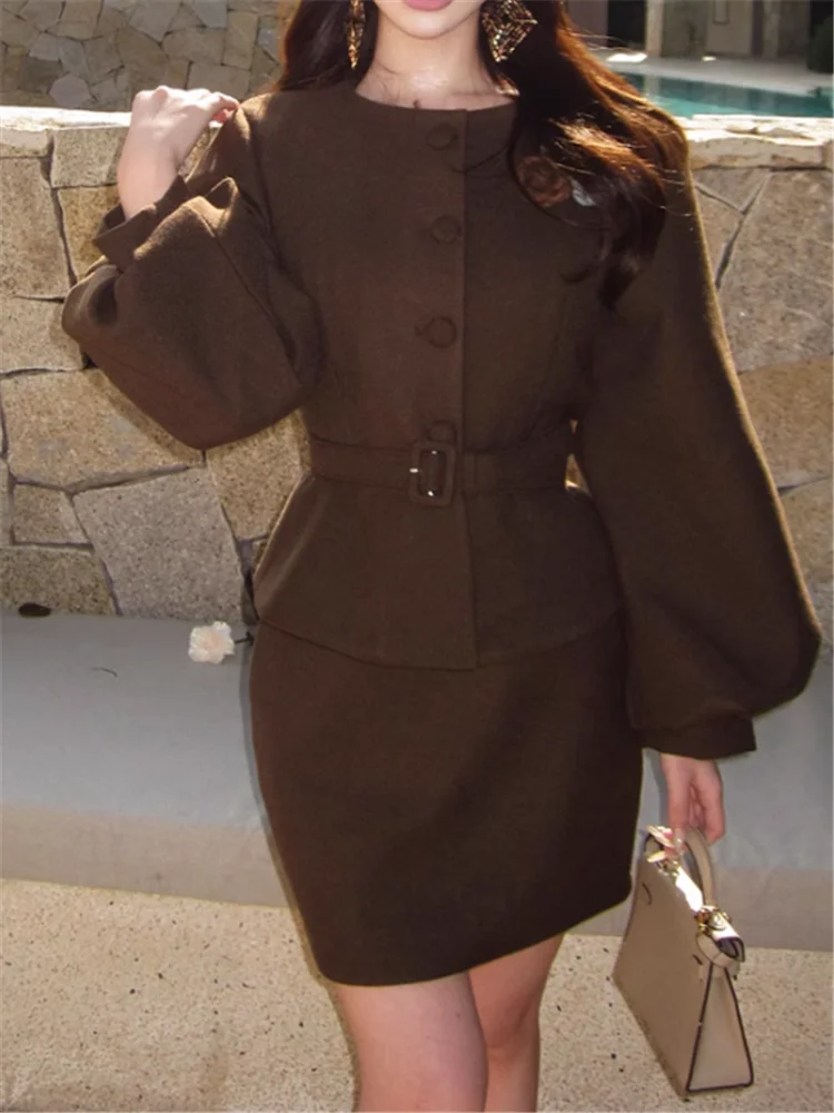 

Celebrity Elegant Lady 2 Piece Suits Stunning O Neck Belted Warm Coat Jacket&Mini Skirt Apricot Coffee Luxury Two Pieces Sets