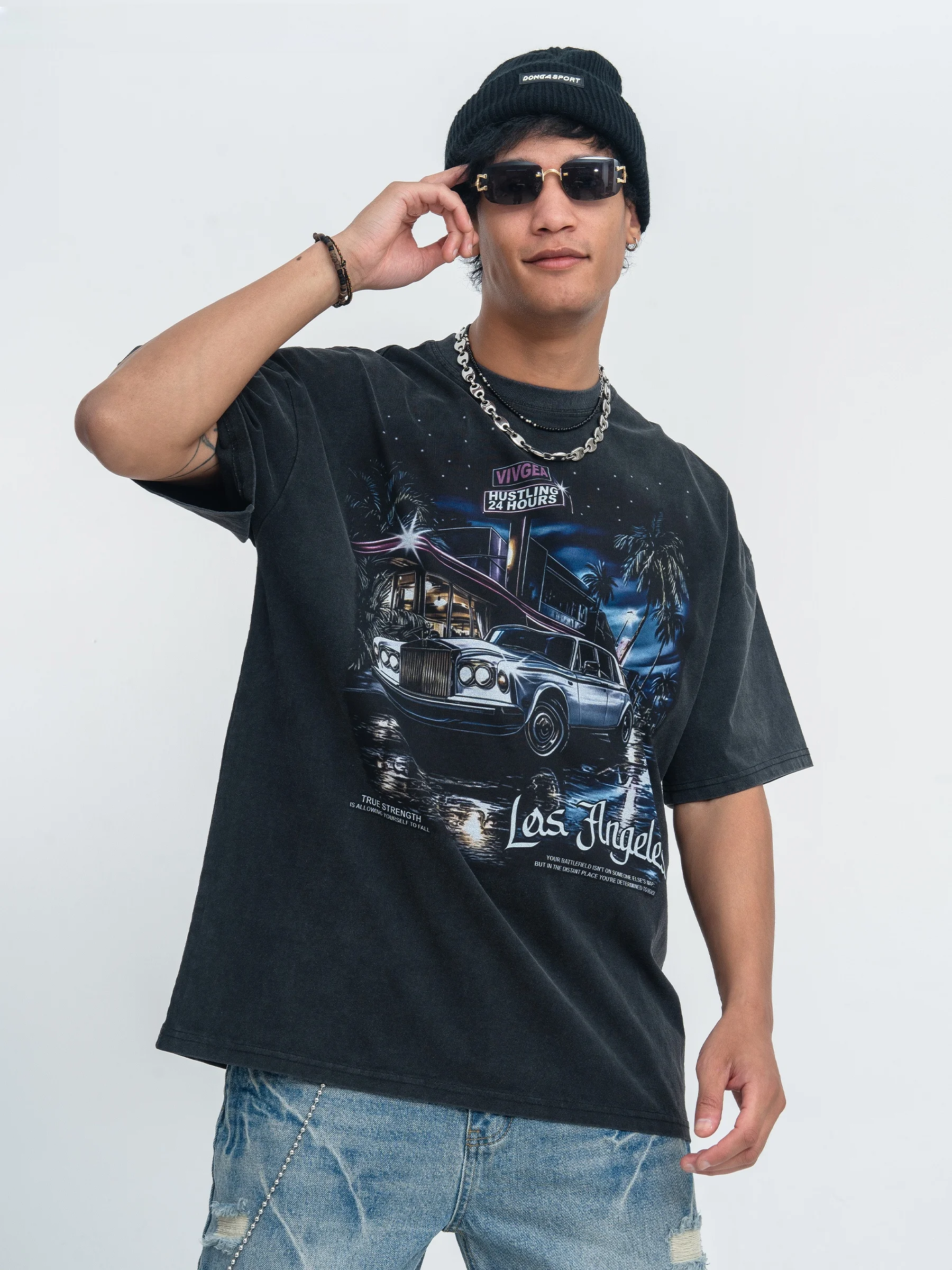 Onesevenine White Ink Direct Spray Washed Vintage Short Sleeve T-Shirt Street Style City Walk Casual Cotton round Neck Tee