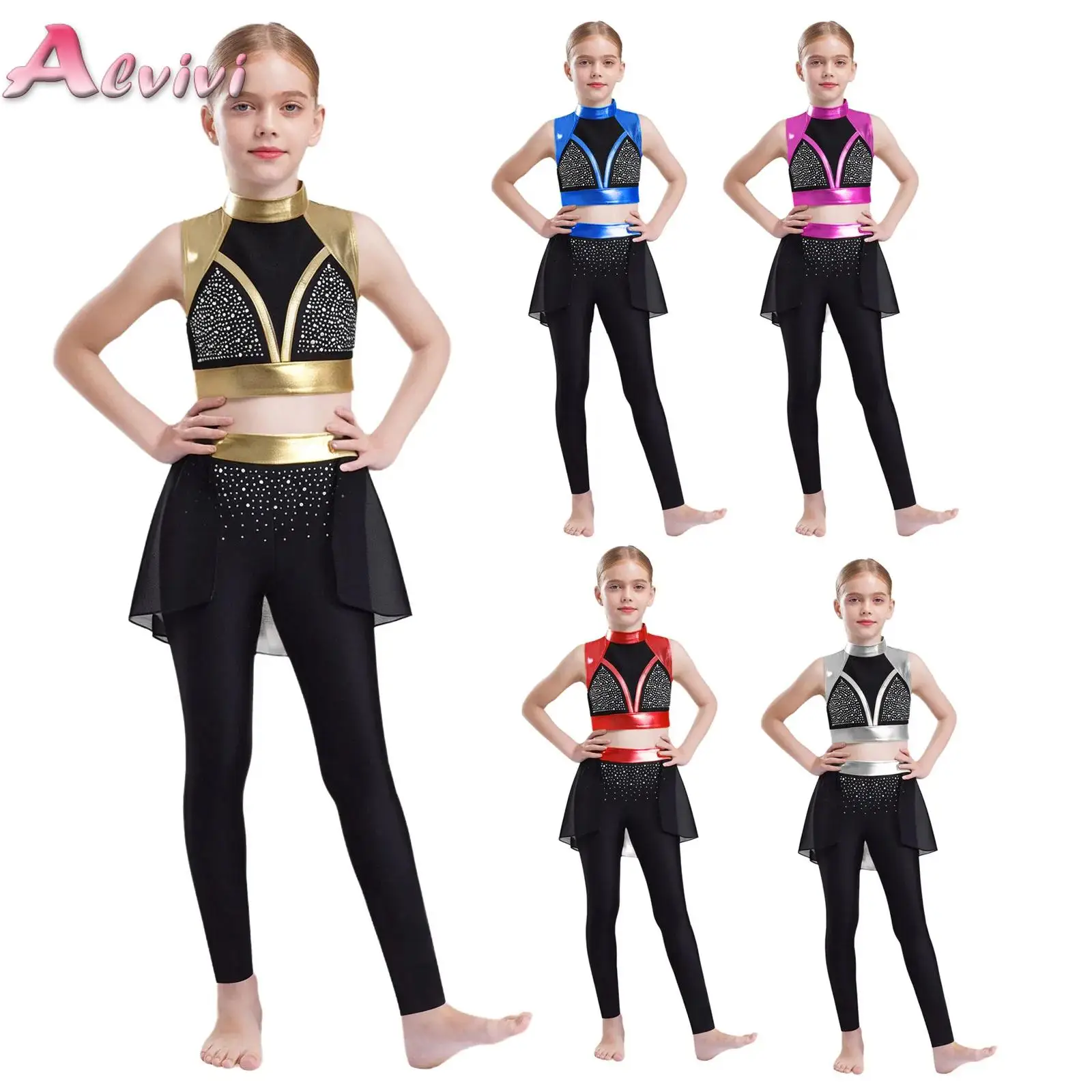 

Girl Ballet Dance Performance Costume Shiny Rhinestone Crop Top with Pants for Gymnastics Acrobatics Figure Skating Cheerleading