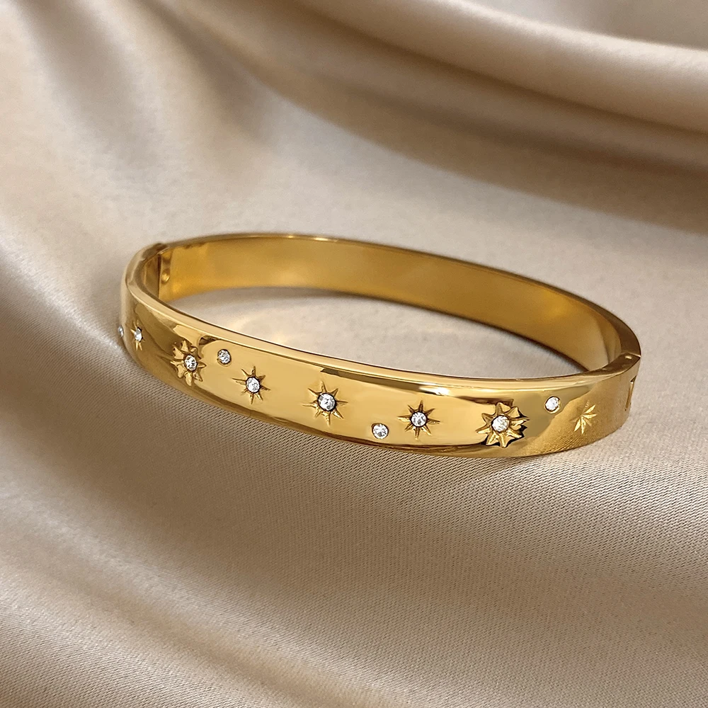 DODOHAO بسيط لامع جولة الفولاذ المقاوم للصدأ الكفة سوار المرأة موضة حجر الراين الشمس الربيع مشبك مفتوح الإسورة مجوهرات هدايا