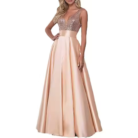 Beaded Rose Gold Evening Gown with V-Neck and Backless Design - Bridesmaid Dress for A Formal Dinner Party or Evening Event