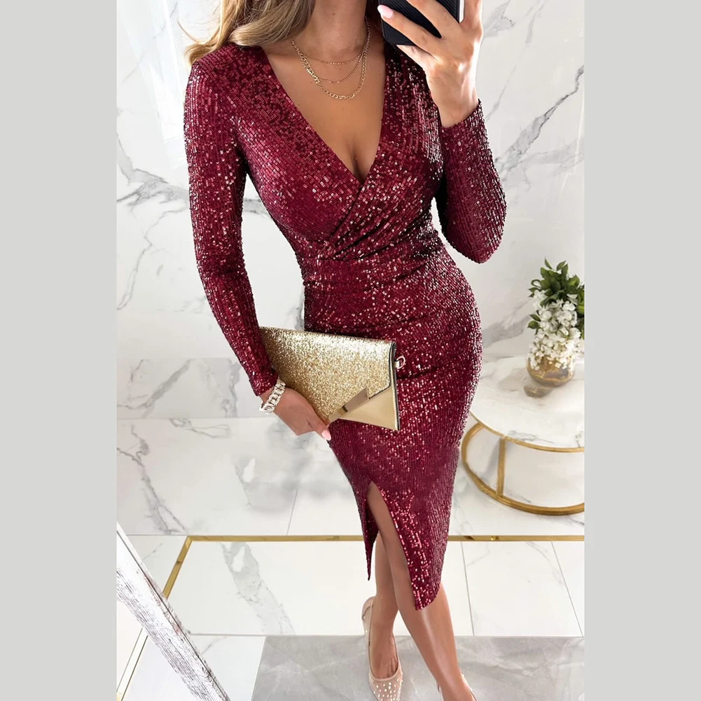 

Long Sleeve V Neck Party Dress Party Vacation All Over Sequin Long Sleeve Style Slim Fit Silhouette Side Slit Hem