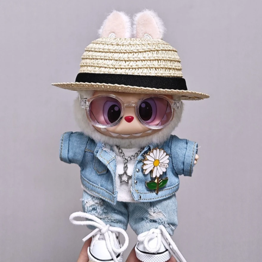 

Doll Clothes Accessories For Labubu 1st-3rd Gen GD Denim Suit 15/17cm Dolls Vintage Denim Jacket Set Straw Hat