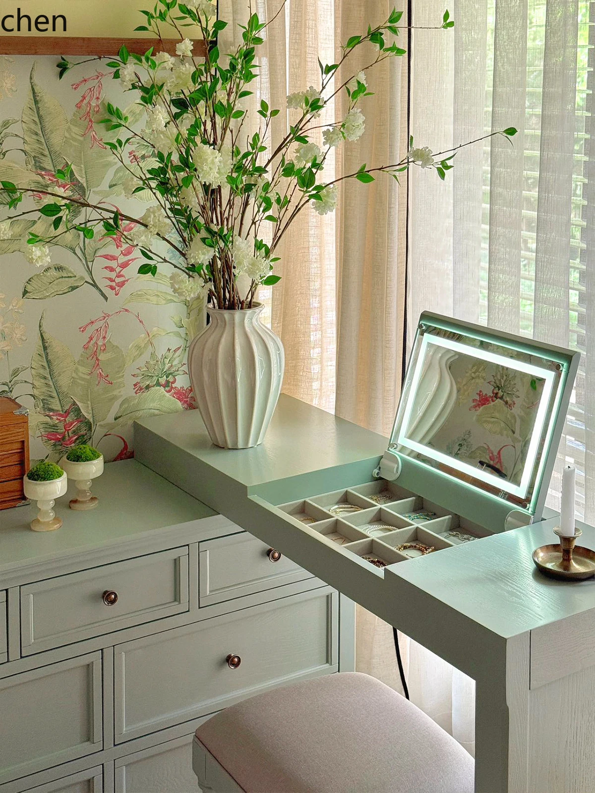 HT Retro Style Dressing Table Bedroom Modern Simple Solid Wood Makeup Table Bedside Cabinet Flip Mirror Dressing Table Cabinet