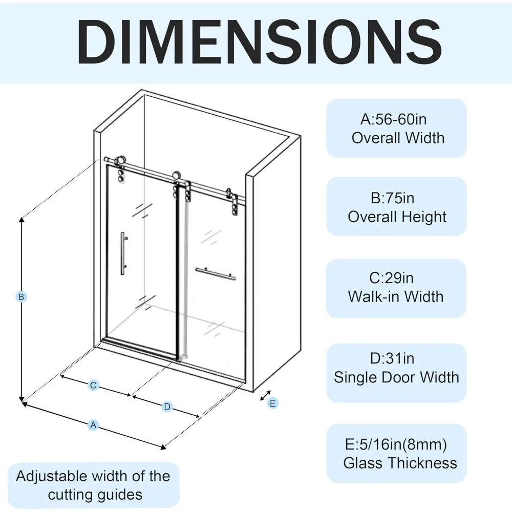 Frameless Shower Door,56-60“ X 75”,8 Mm Tempered Glass, Noiseless and Shatterproof, Brushed Nickel Hardware, Sliding Shower Door