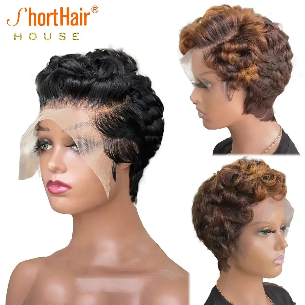 Highlight Colored Short Pixie Cut Bob Body Wave Human Hair Wigs Transparent 13x4 Lace Front Wigs For Black Woman Brazilian 150%