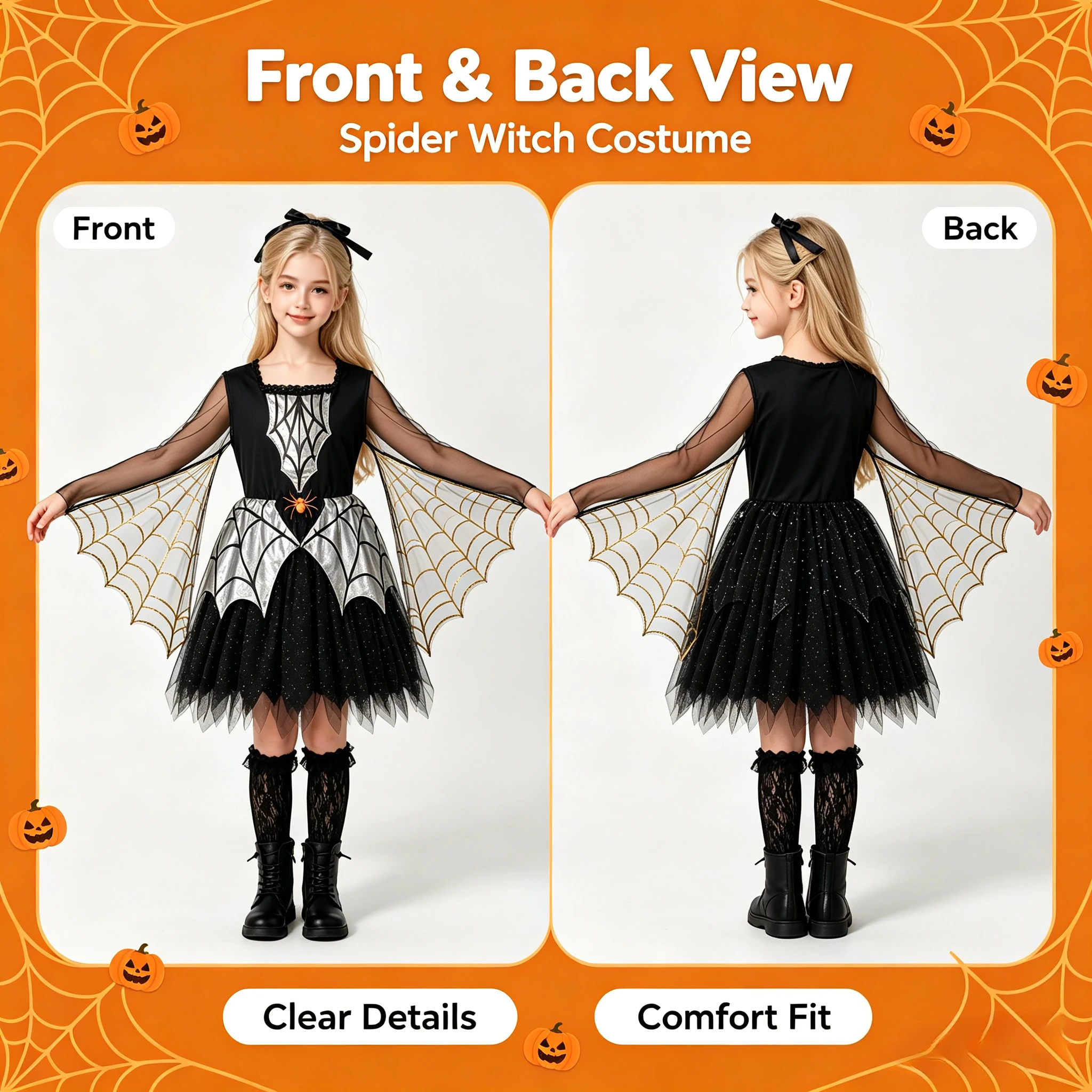 1 Pack Girls Spider Themed Costume, Spiderweb Cape Dress, Halloween Carnival Outfit for Stage Performance & Cosplay Party