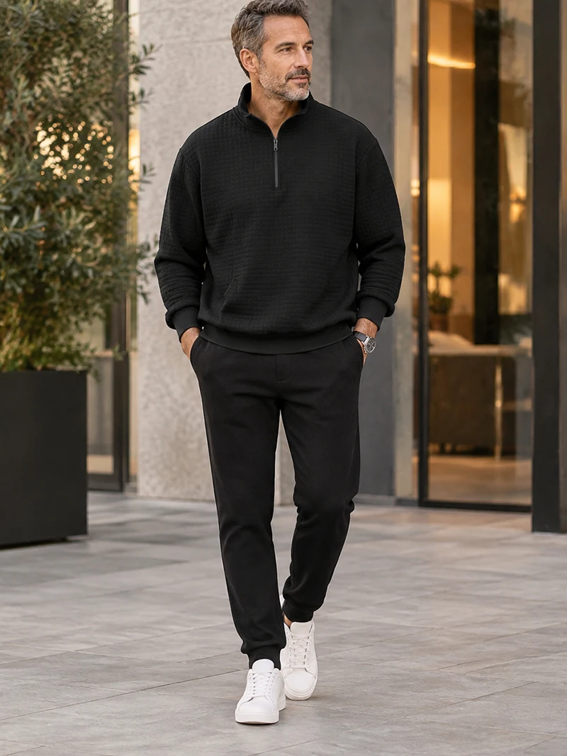 Herren Waffelstruktur Stehkragen Halbreißverschluss Langarm-Sweatshirt mit Kängurutasche, Locker Geschnitten, Frühling Herbst Weicher Lässiger Pullover – Detail 15