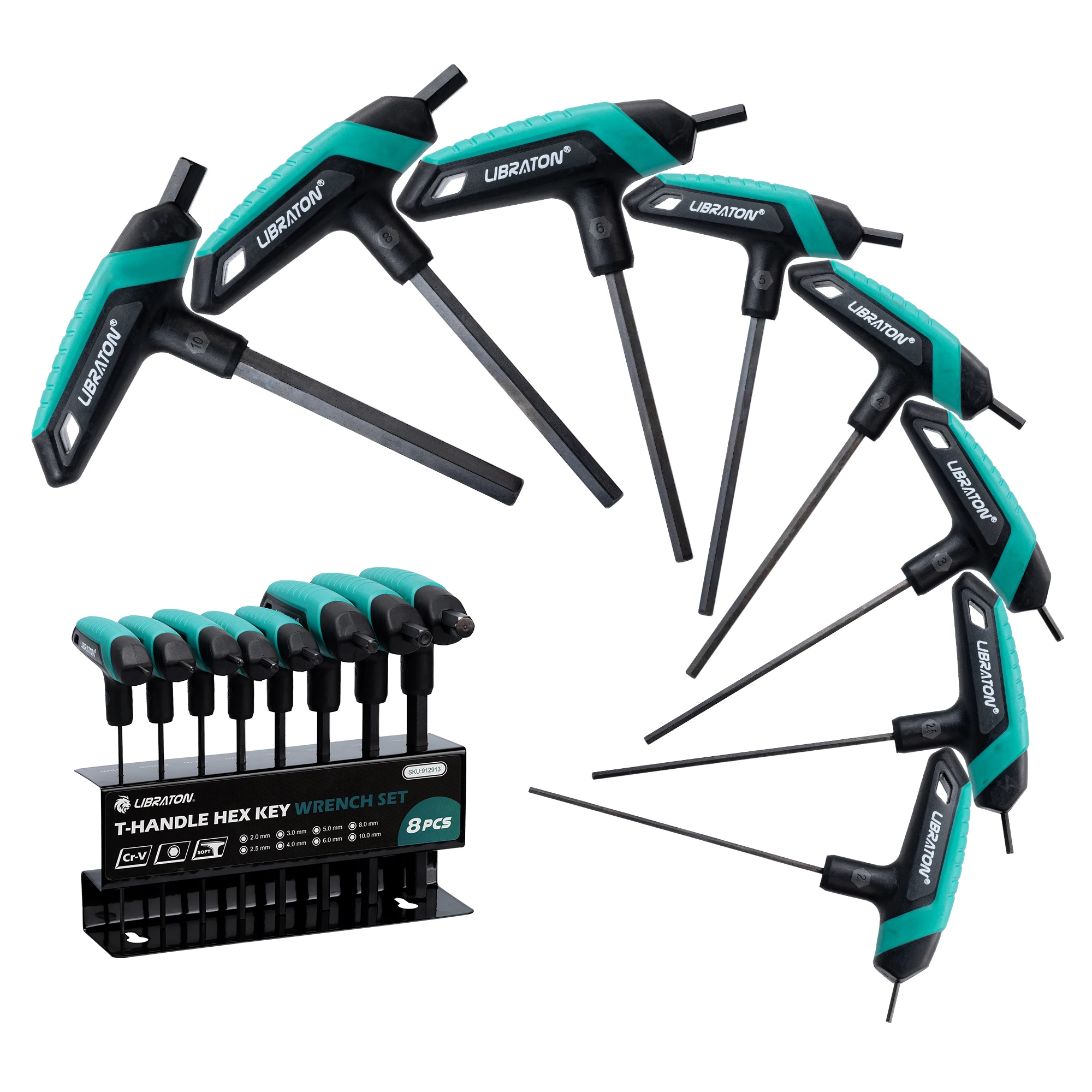 LIBRATON Metric T-Handle Wrench Set, 2.0mm-10mm Hex Key Allen Wrench, Long Shank with Storage Rack for Auto & Motorcycle Repair
