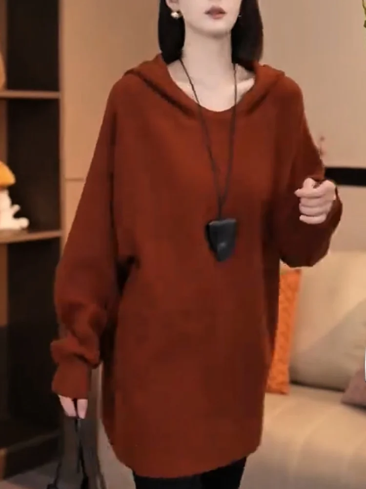 

Корейский винтажный вязаный свитер с капюшоном, осенняя новинка, большие размеры, стройнящий, универсальный женский топ, теплый, длинный рукав...