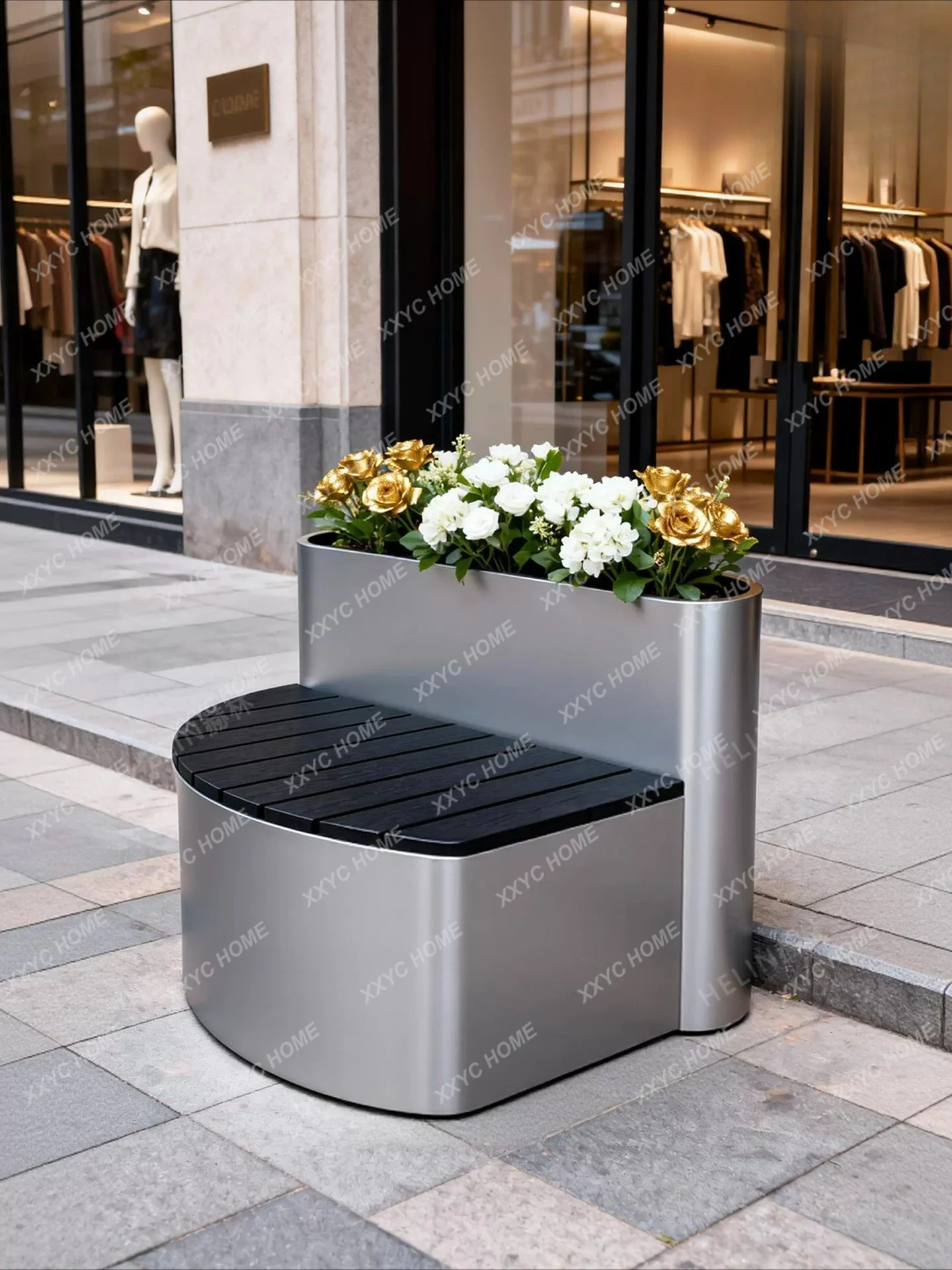 Outdoor stainless steel flower box and bed seats for shopping malls, integrated leisure stools