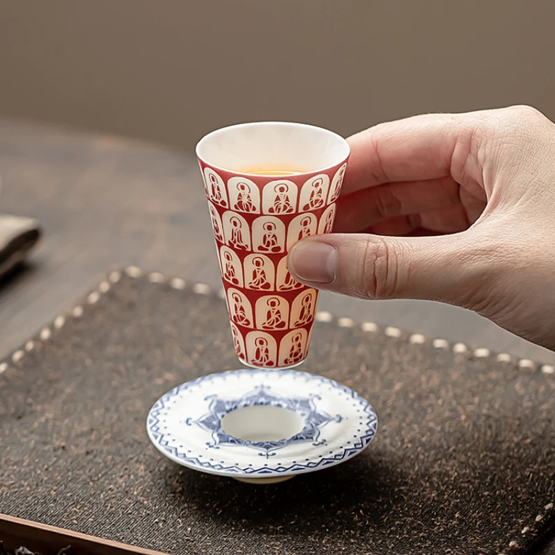 Dunhuang Thousand Buddha Tea Cup Set Household Kung Fu Teaware Ceramic Small Sample Teacup with Coaster High-grade Master Cup