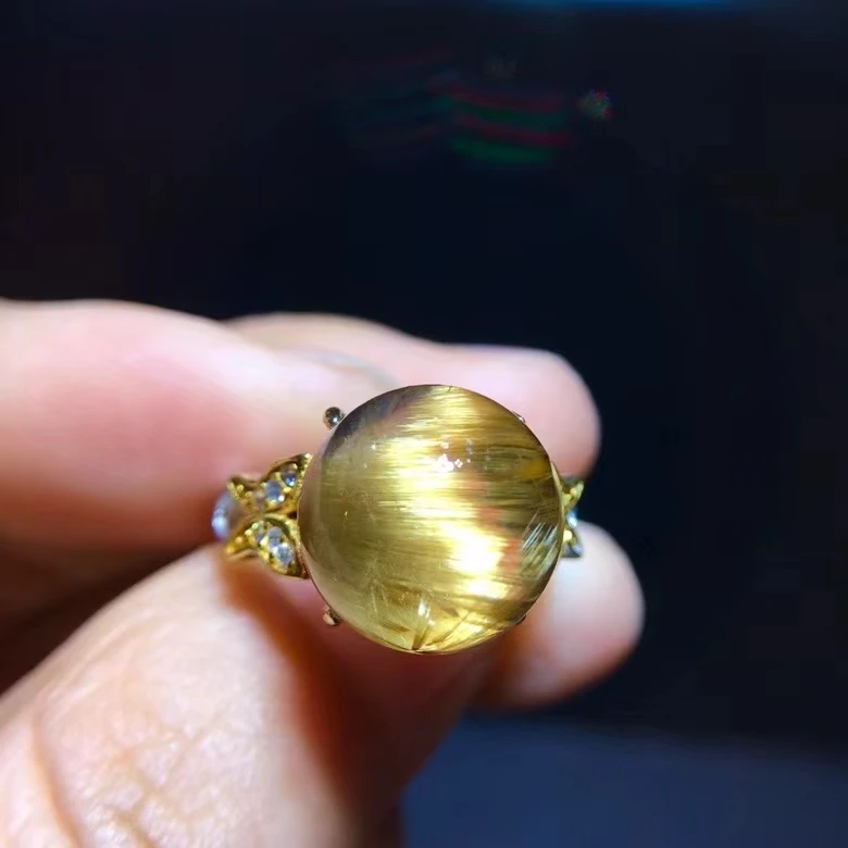 

Natural Gold Rutilated Quartz Adjustable Ring 925 Silver Round Women Ball 12.2mm Yellow Rutilated Beads AAAAAA