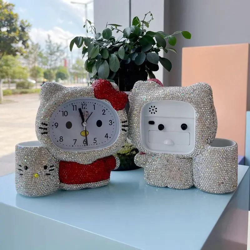 Sanrio Diamond Studded Cute Cartoon Kt Cat Alarm Clock With Diamond Studded Cute Room Decoration Toy For Children Birthday Gift