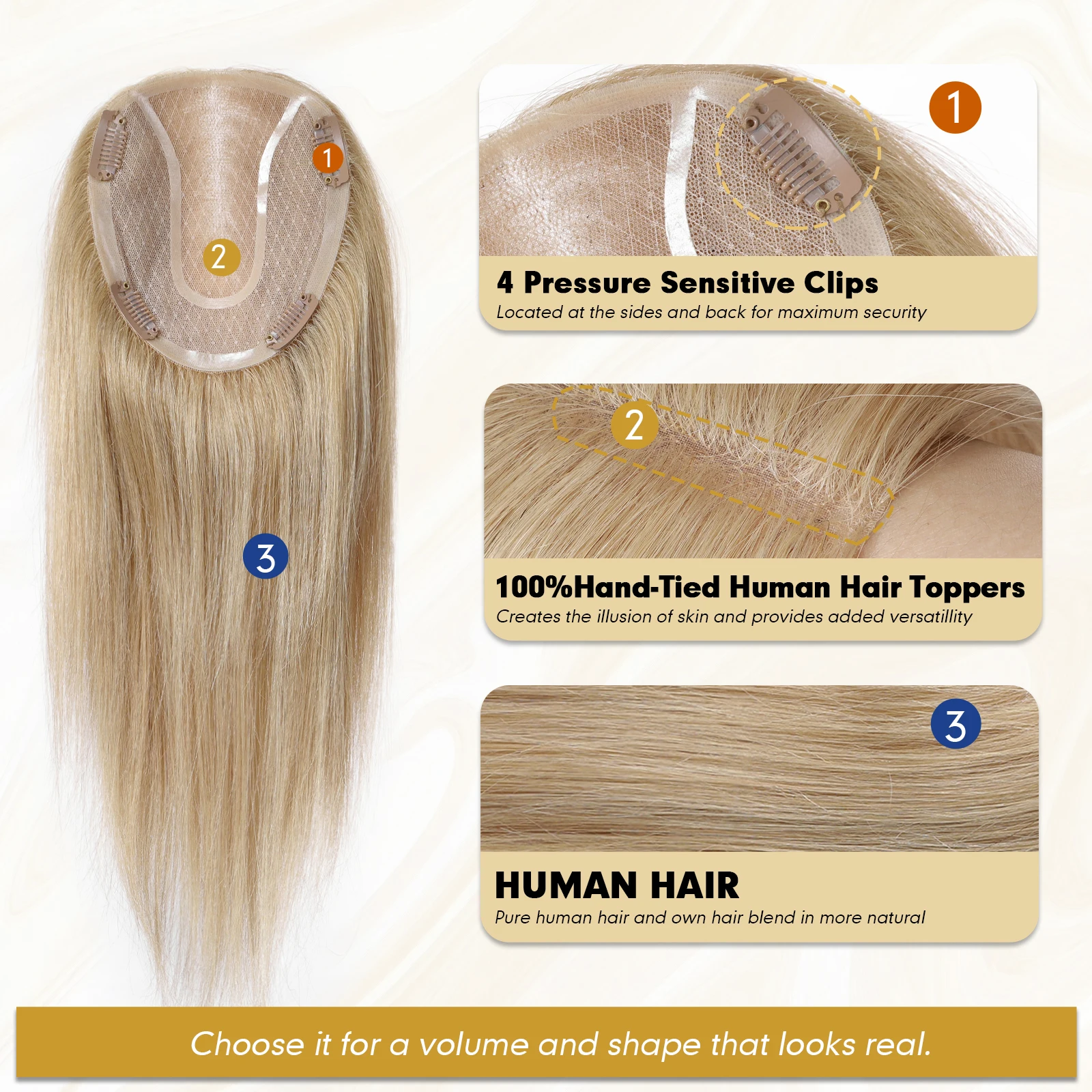 Mono-Toppers de cheveux humains pour femmes, Base en dentelle, Extensions de cheveux, Blonde, Naturel, InjStraight, 4 clips, 12x13cm