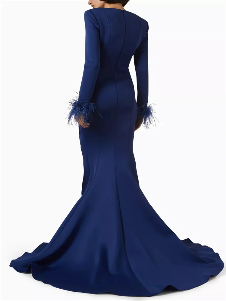 Hot Selling V Neckline Long Sleeves Wih Feathers Satin Evening Dress Back Zipper Floor Length Sweep Train Gown For Women 2024