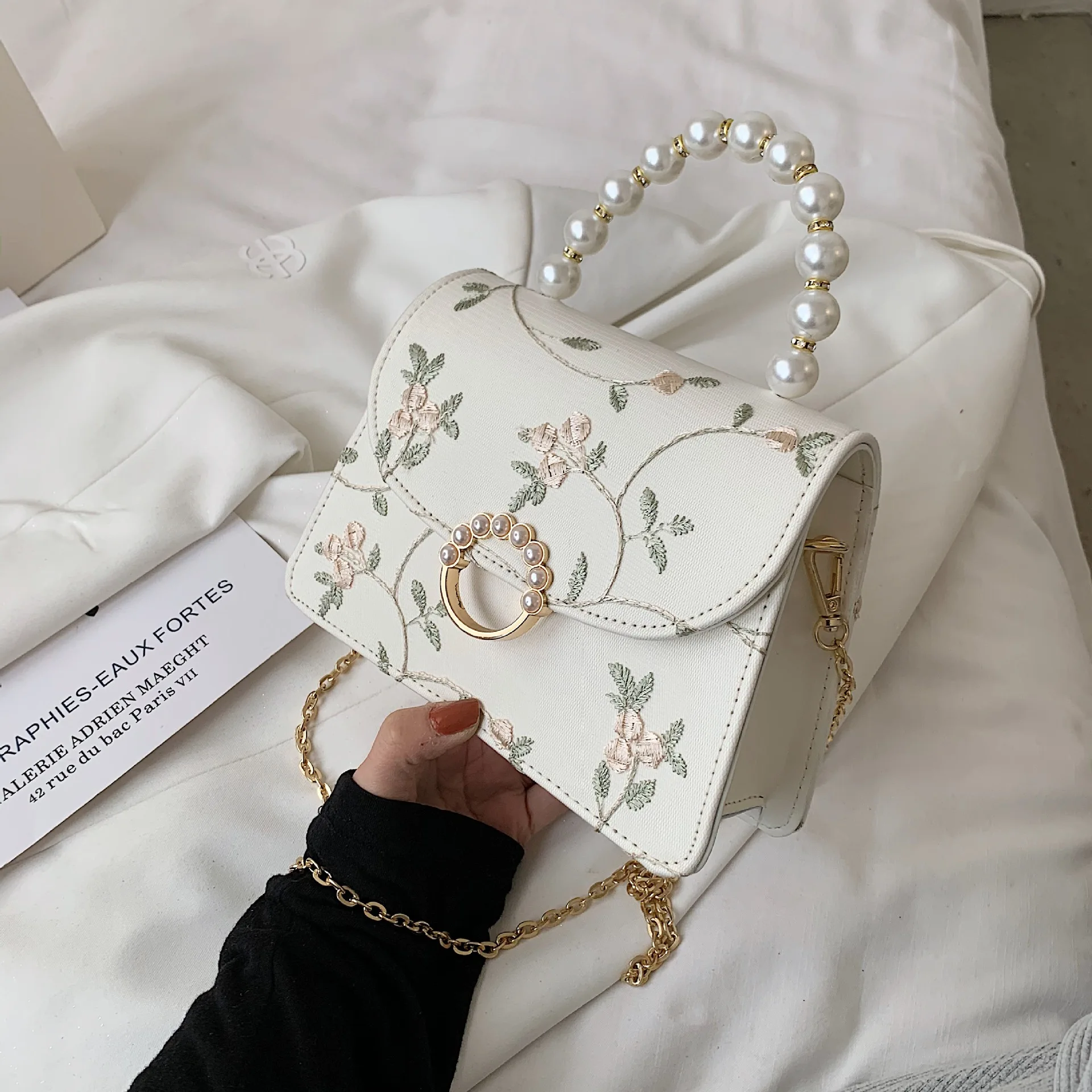 2024 New Lace Embroidery Shoulder Bag for Women with Chain Pearl Crossbody Bag Chinese Style Handbag bolsos para mujer purse sac