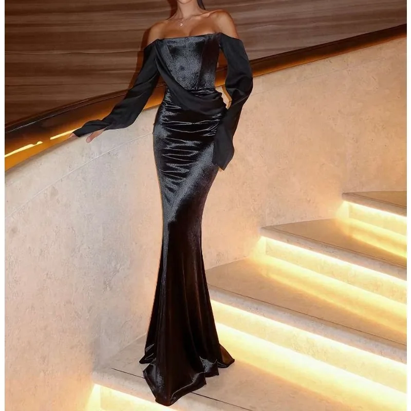 

High Street Banquet Celebrity Irregular Floating Satin Splicing Fishtail Long Sleeve Dress Women