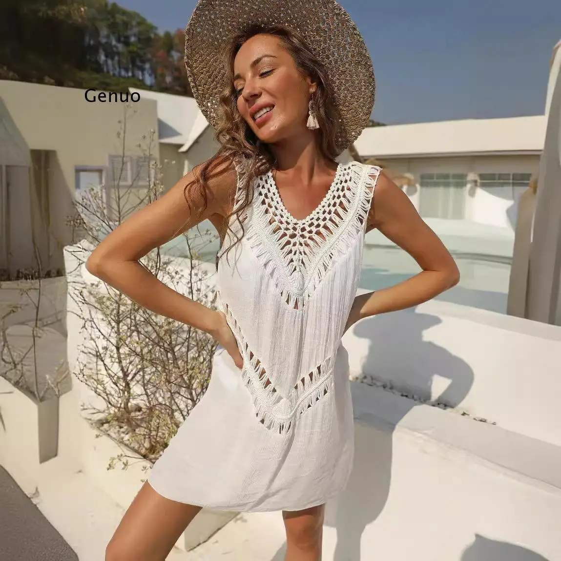 2026 Women Crochet Cover Up Dress V Neck Sleeveless Beach Mini Dress with Openwork Detail