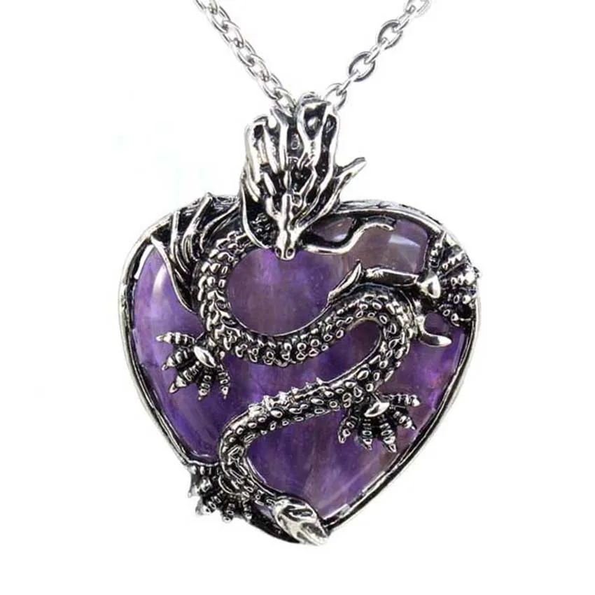 Vintage Animal Dragon Man Necklace Natural Stone Purple Crystal Heart Pendant for Women Amethysts Rose Pink Quartz Jewelry Gift