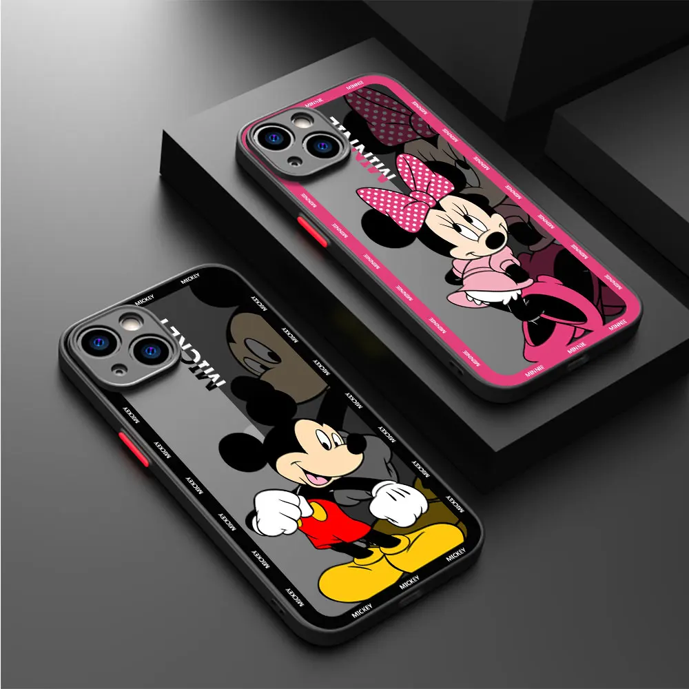 Phone Case For Apple iPhone 15 14 13 11 12Pro 7 XR X XS Max 8Plus 6 7 SE 14 Black Matte Funda Shell Disney Mickey Stitch Minnie