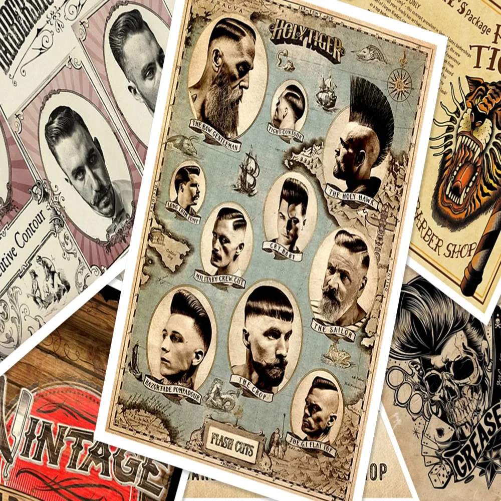 Hair salon tattoo posters wall sticker 30X42 CM nostalgia retro kraft paper HD Inkjet printing art barber shop decoration