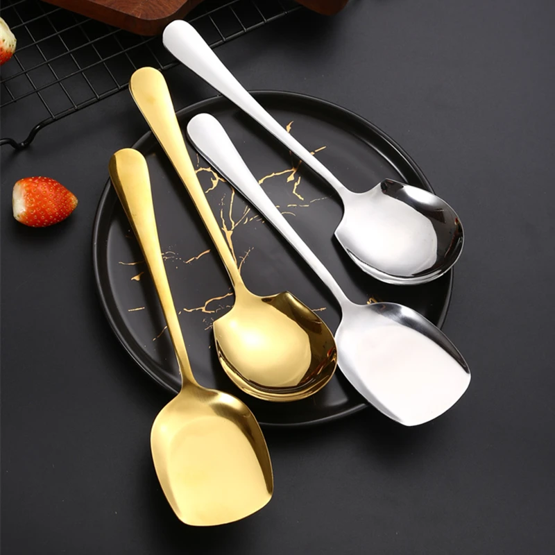 Golden Stainless Steel Food Service Spoon Large Rice Shovel Tableware Long Handle Square Spatula Kitchen Gadgets for Home