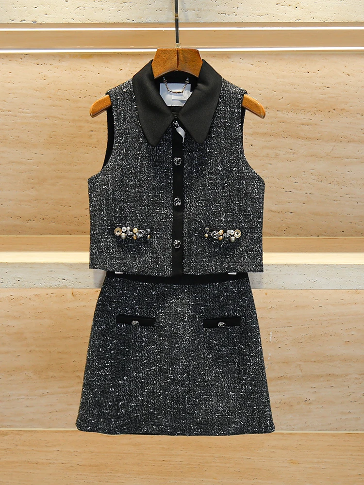 

South Oil High-End Women's Faion Set with Sequin Vest And Skirt Ele Pearl Button Cotton Two-Piece Suit for 25-35 Y...