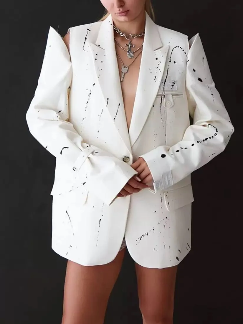 

2025 Street Style Graffiti Decomposition Women's Suit Jacket Casual Versatile Long Sleeve V-Neck Padded Shoulder Trendy Design