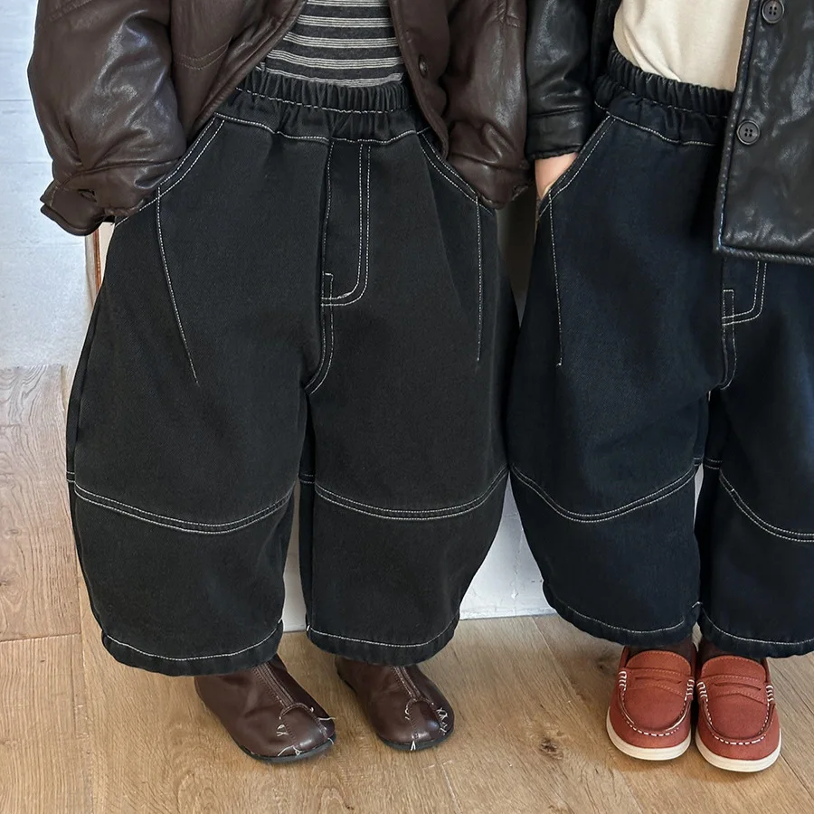 

Kids Clothes Fleece Jeans Simple Solid-color Thick and Warm Cotton-padded Jeans Baby Boys and Girls Winter Outdoor Pants