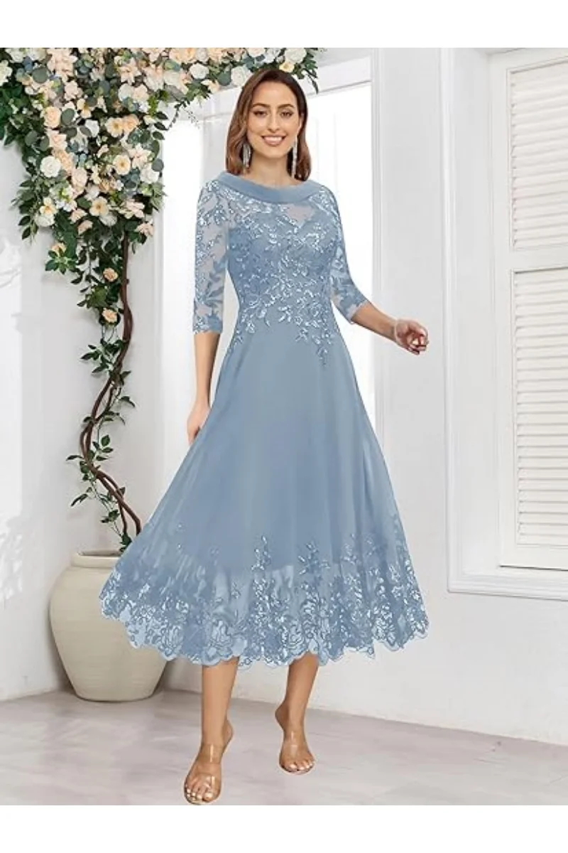 

Tea Length Chiffon Mother of The Bride Dresses for Wedding Lace Applique Sequins A Line Formal Evening Gown
