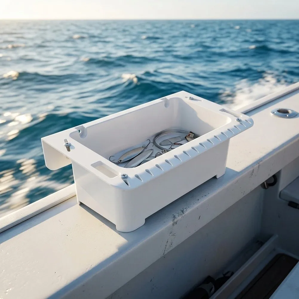White Marine Storage Box With Drain Holes And Screw Mount For Boat Edge Fishing Tool Organizer Bait Cup Holder Accessories