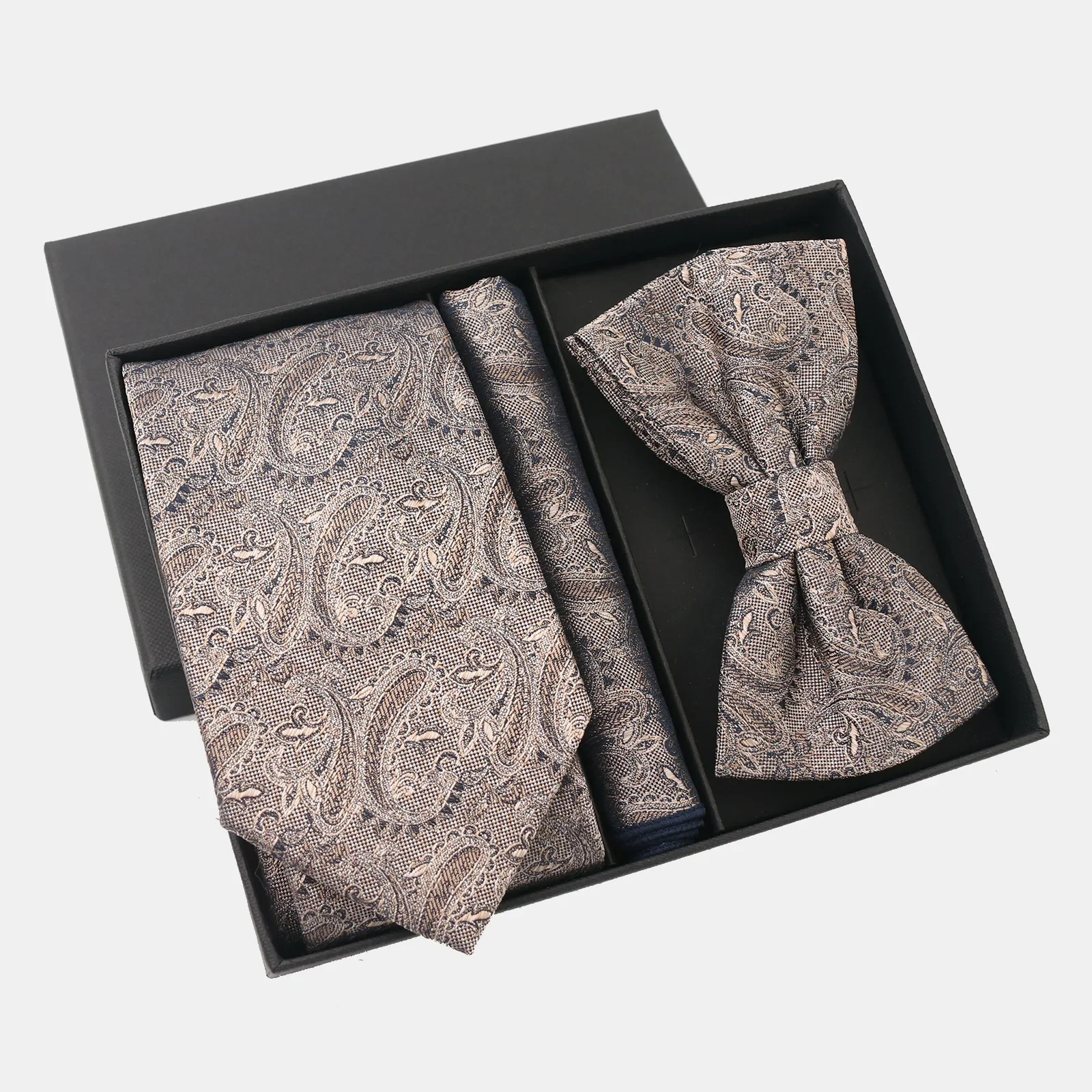 

Khaki men's business tie set, retro suit, wedding tie, bow tie, pocket towel, gift box set