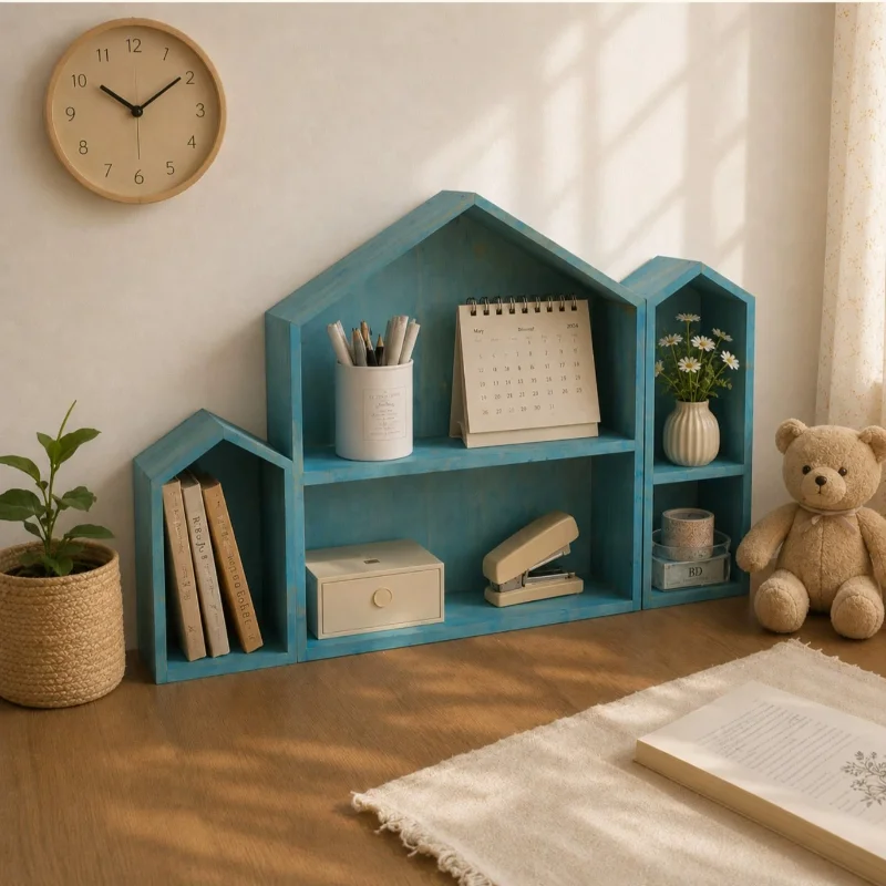 Wooden House‑Shaped Multi‑Tier Desktop Storage Organizer Desk Shelf Large Medium Small for Office Study Stationery Supplies