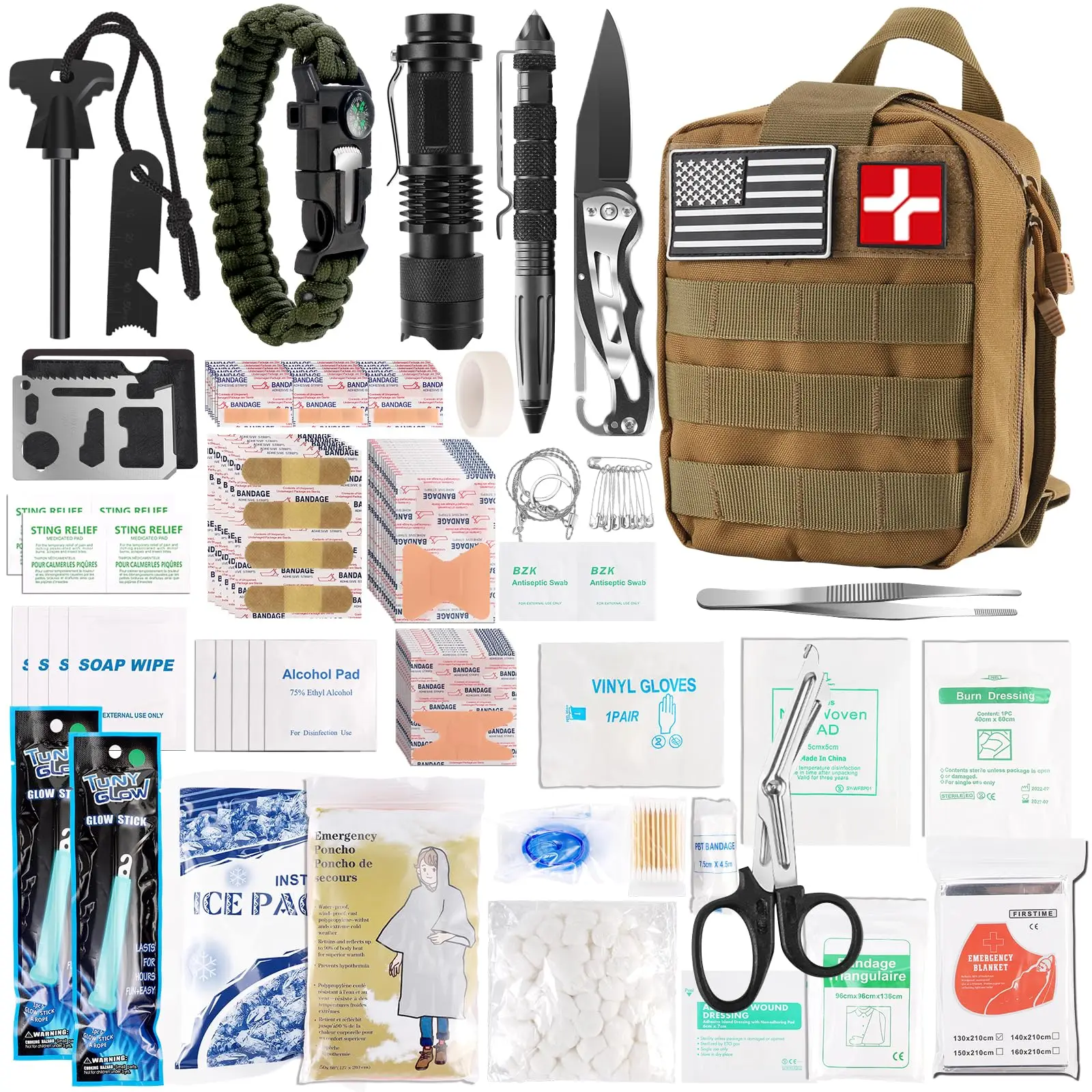 Survival First Aid Kit 288-Piece Outdoor Emergency Survival Gear and Equipment for Hiking Camping Hunting Car Boat Home