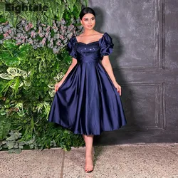 Eightale Navy Blue  Evening Dress Satin Short Sleeves Formal Arabic Prom Gown Short Wedding Party Dress Robes De Soirée