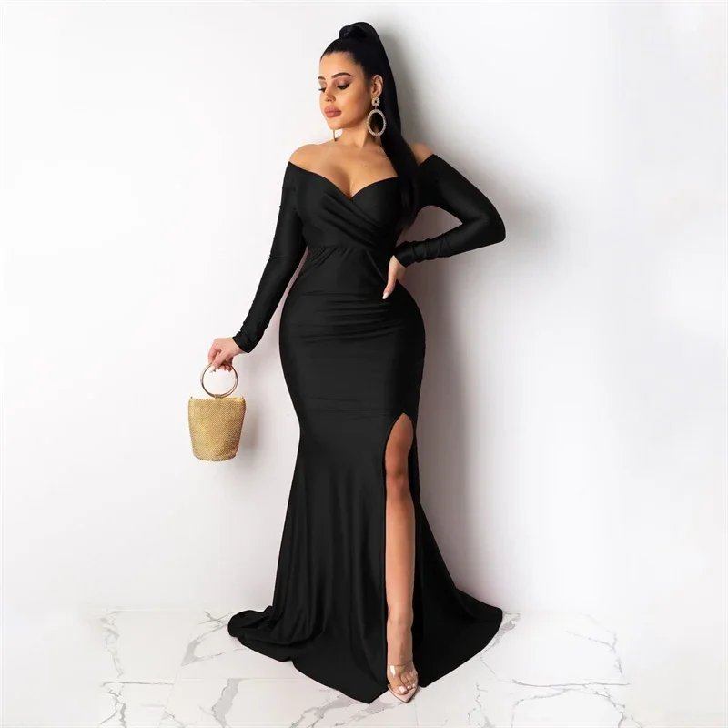 Sexy Off the Shoulder Slash Neck Formal Occasion Dresses Women Evening Party Night Club Long Sleeve Split Mermaid Long Dresses