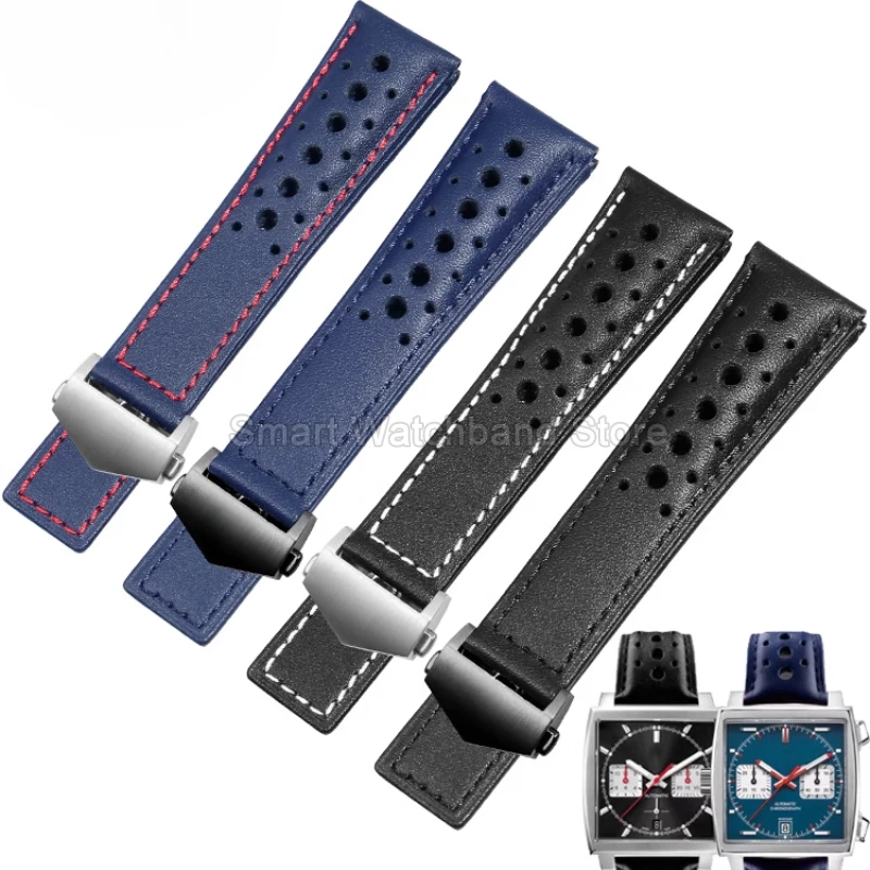Breathable Skin-friendly Genuine Cow Leather Watchband for Tag Heuer Carrera Heritage Monaco Series Dainty Sweatproof Strap 22mm