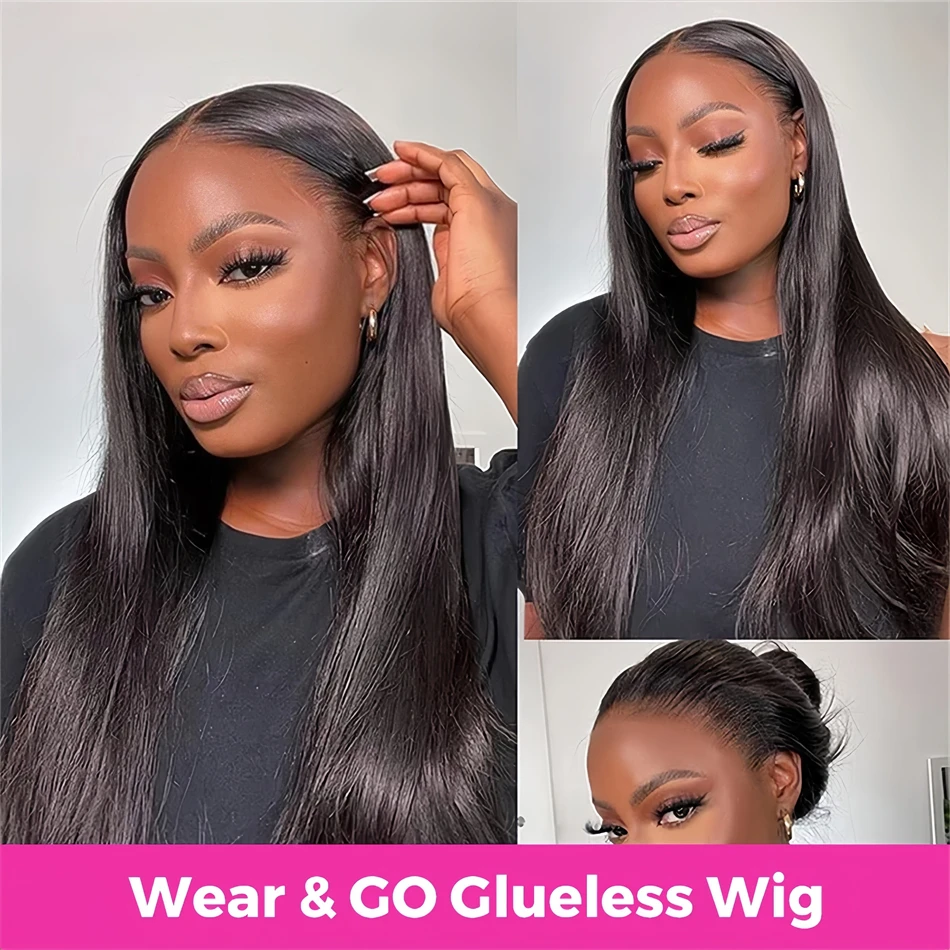 Perruque Lace Front Wig sans colle naturelle, cheveux humains lisses, 5x5, 4x4, pre-plucked, pre-plucked, pour femmes