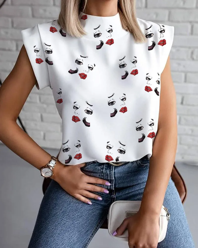 Women's Abstract Face Print Sleeveless Stand Collar Blouse with Button Front for Summer Fashion