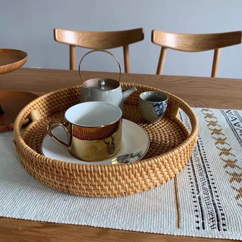 Rattan Basket Hand-Woven Coffee Breakfast Severing Tray Food Storage Platters Bread Plate with Handler for Drink Snack Tea