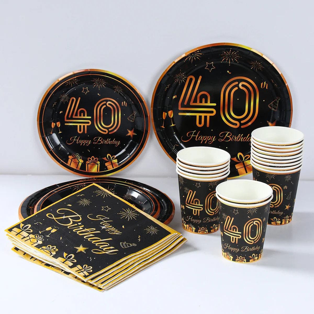 40 Years Old Black Gold Paper Tableware Birthday Supplies 40th Birthday Party Tableware Happy Birthday Party Anniversary Decor