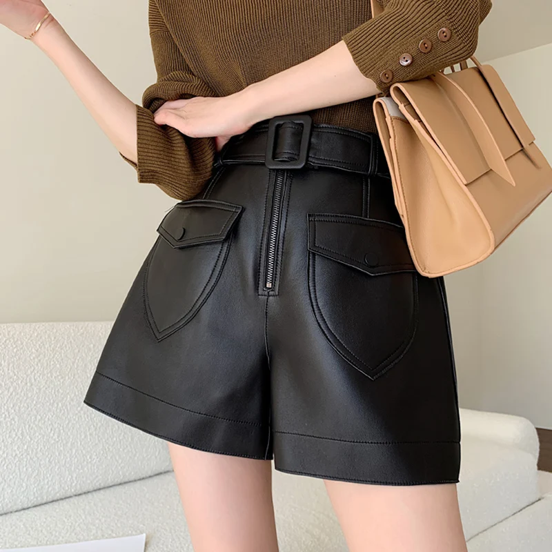 Lambskin Shorts 2024 Women Autumn Harajuku Japanese Straight Pocket Versatile Fashionable Leather Pants Grey Calzones Mujer Ropa