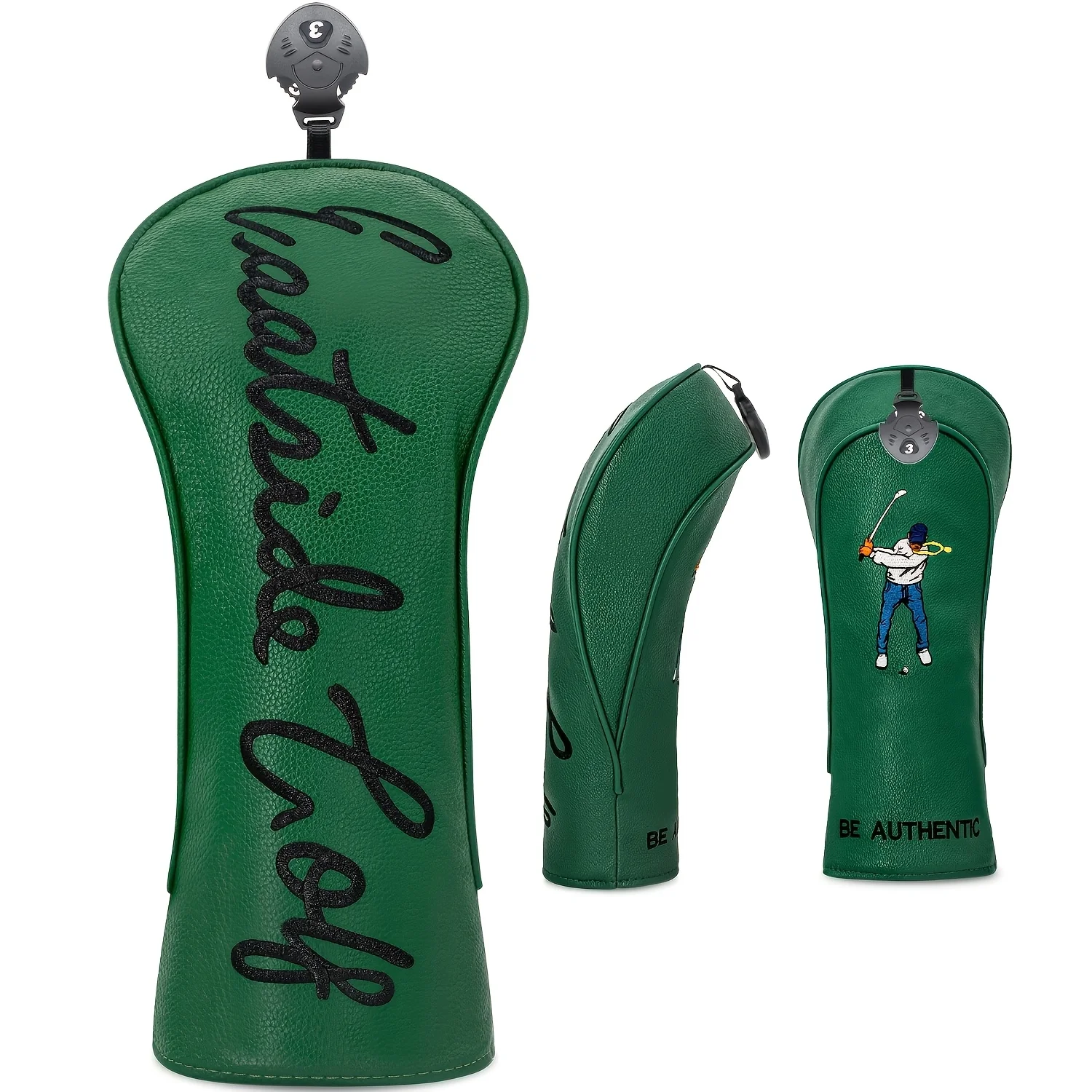 1/3pcs Green Golf Club Headcover, Swing Golfer Graphic Design, Soft Inner Lining, Dust-Proof Protective Sleeve