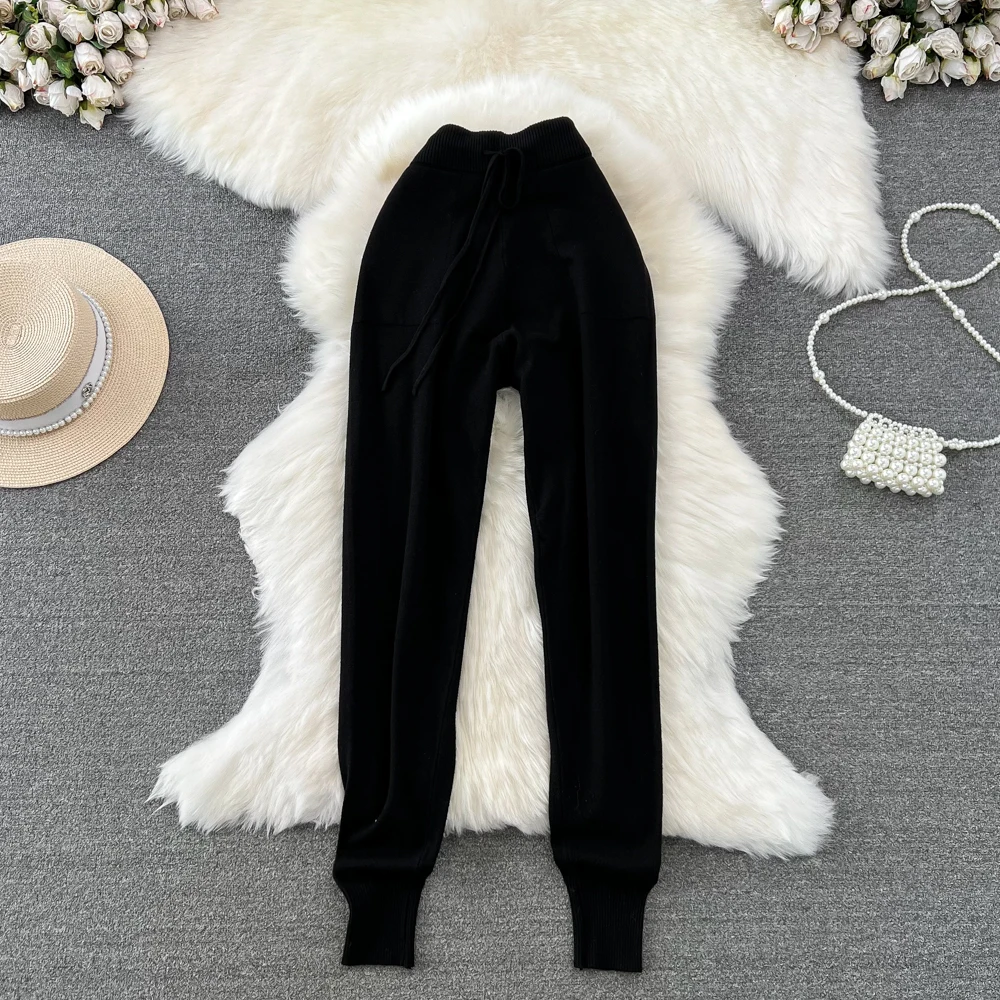 Nomikuma Lace Up High Waist Sweater Women Pants Causal 2023 Autumn Winter Long Trousers Korean Solid Knitted Pant De Mujer