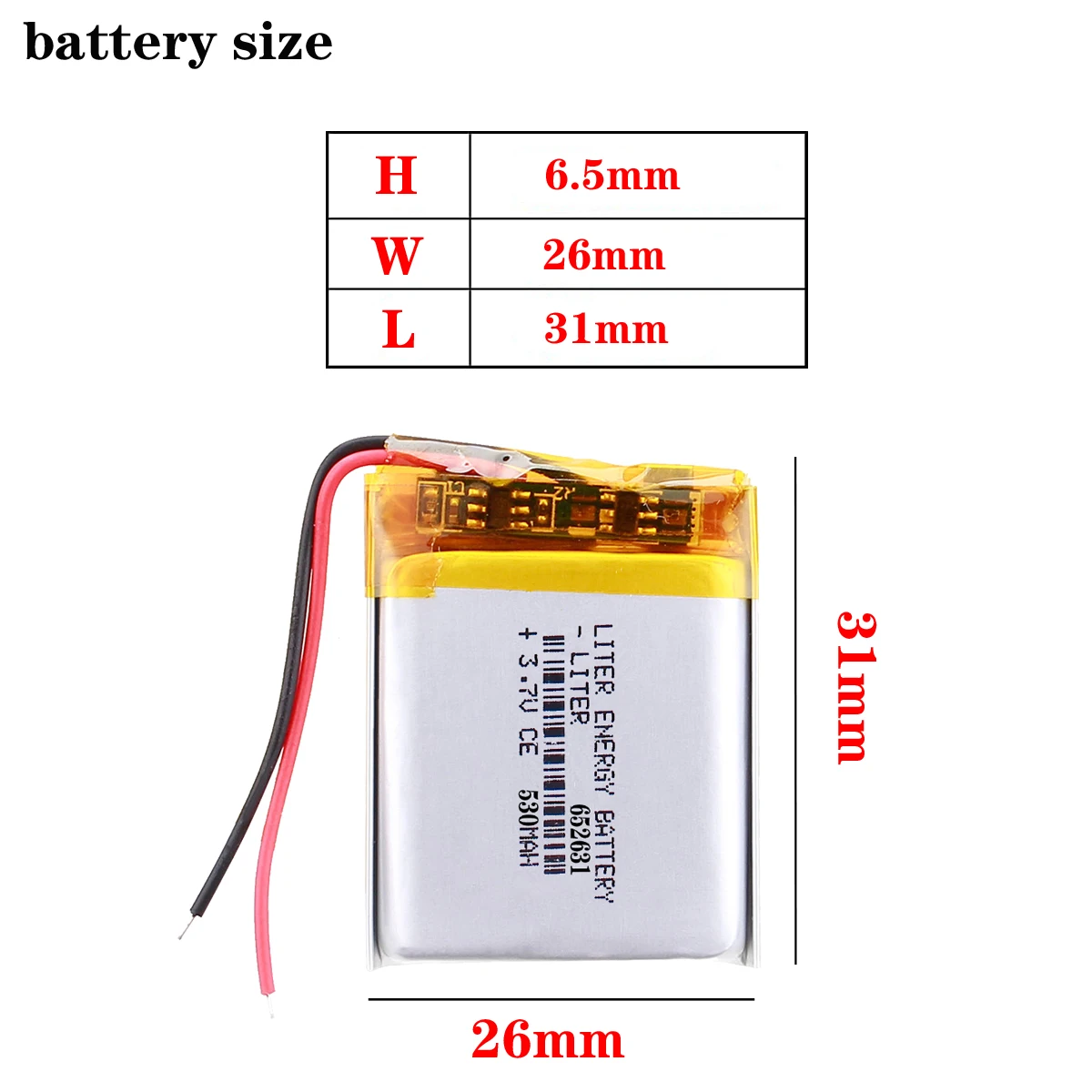 3.7V 530mAH 652631 652530 polymer lithium ion / Li-ion battery for GPS,mp3,mp4,mp5,dvd,bluetooth,model toy mobile bluetooth