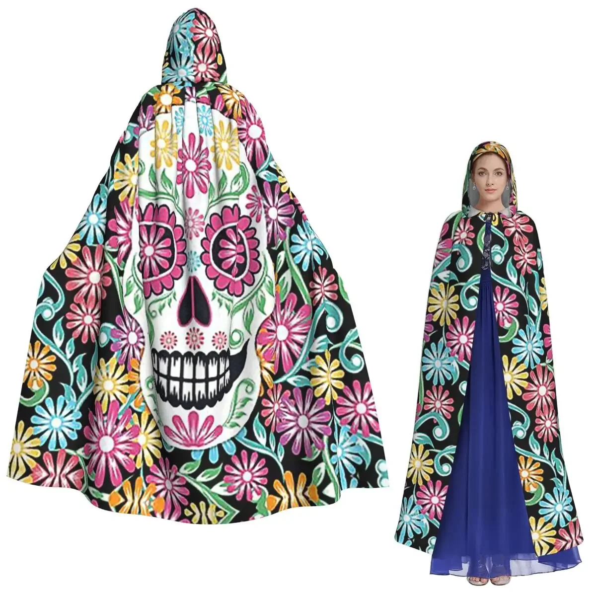 

Длинный плащ с капюшоном «День мертвых» и цветочным рисунком черепа, средневековый костюм ведьмы, накидка для косплея, Хэллоуин, вечеринка для взрослых, унисекс
