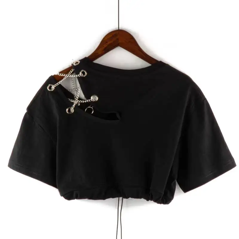 HKSH 2026 Summer New Women Ultra-Short T-shirt Short Sleeves O-neck Drawstring Hem Hollow Out Chain Trend Tee Dance Tops HK18193
