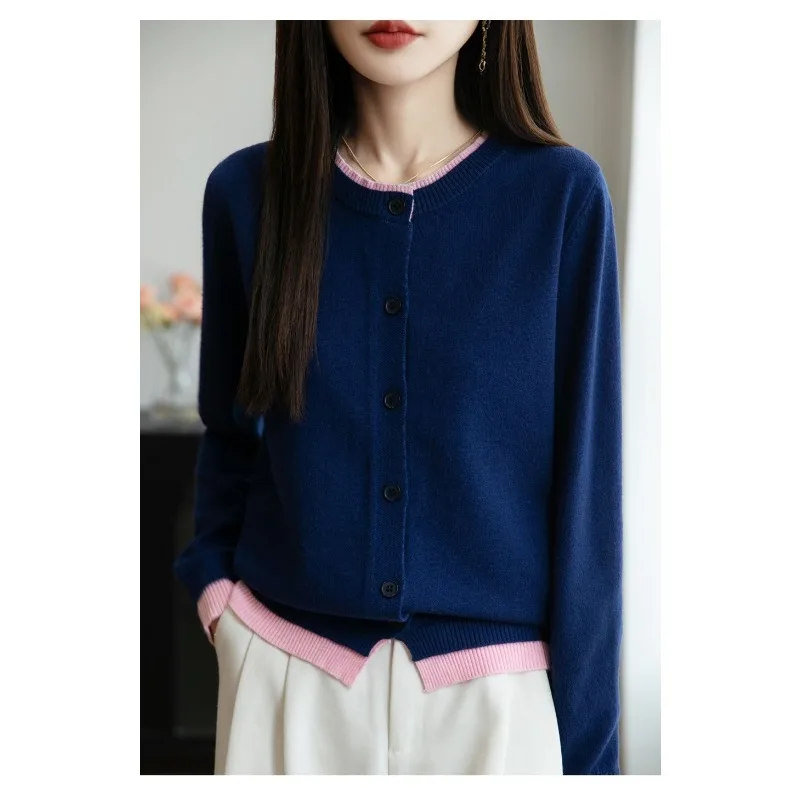 フレンチコントラストフェイクツーピースニットカーディガンレディースショートコートセーターファッショントップ