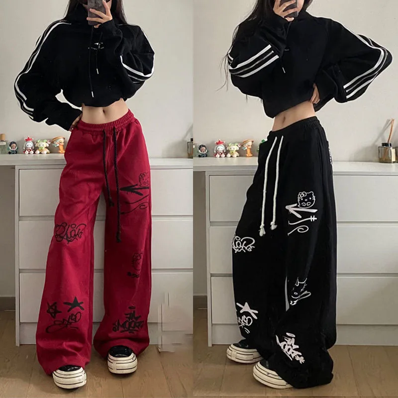 Thin/fleece Hello Kittys American Retro Print Graffiti Fashion Wide Leg Drawstring Pants Hip Hop Loose Straight Leg Sweatpants